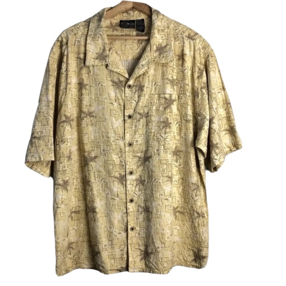 Shirt Hawaiian OP SPORT Geometric Palm Trees Muted Colors Tan Yellow Size XL - Picture 2 of 10